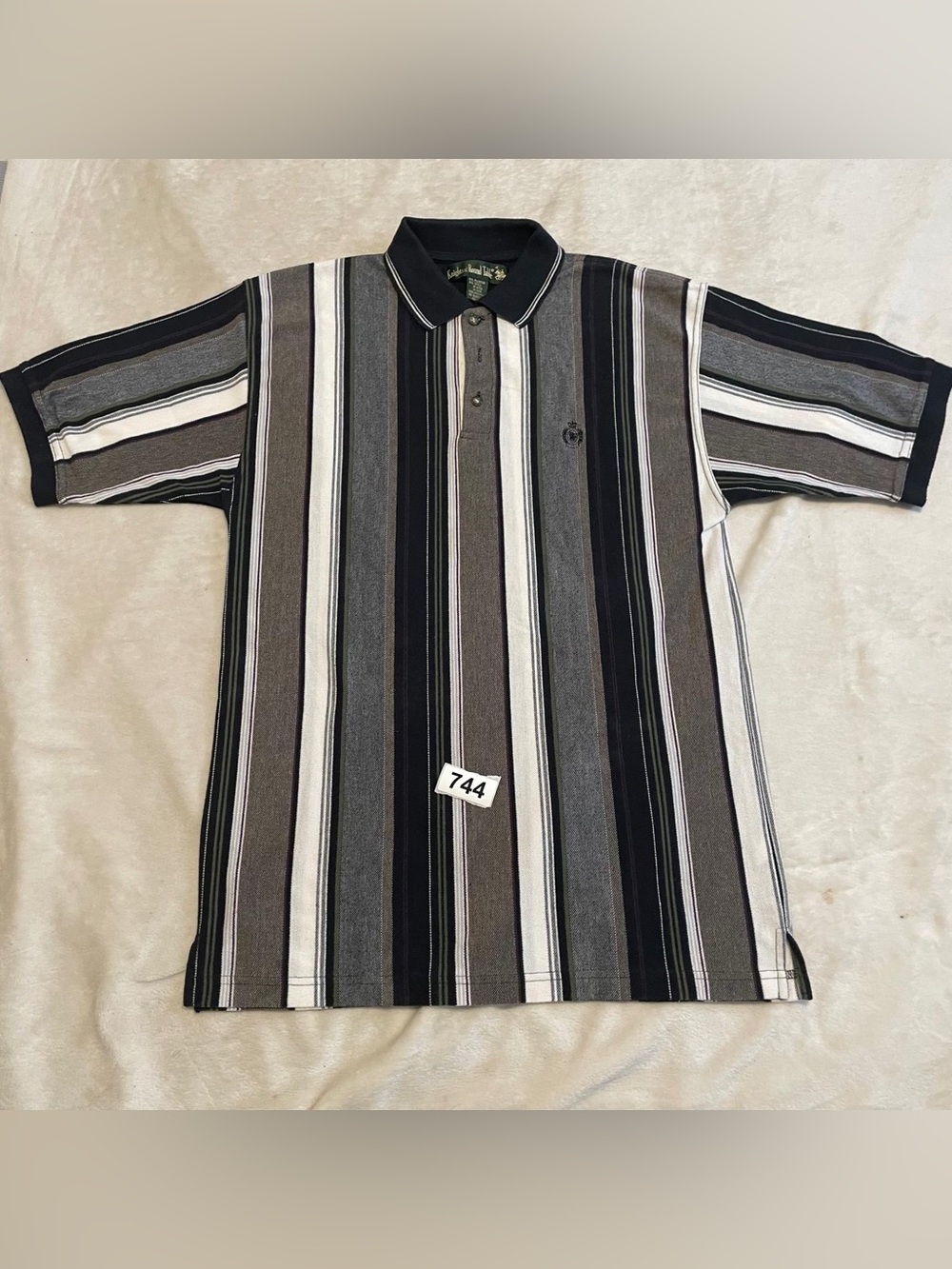 Striped Short-Sleeve Polo in Black, Gray & White